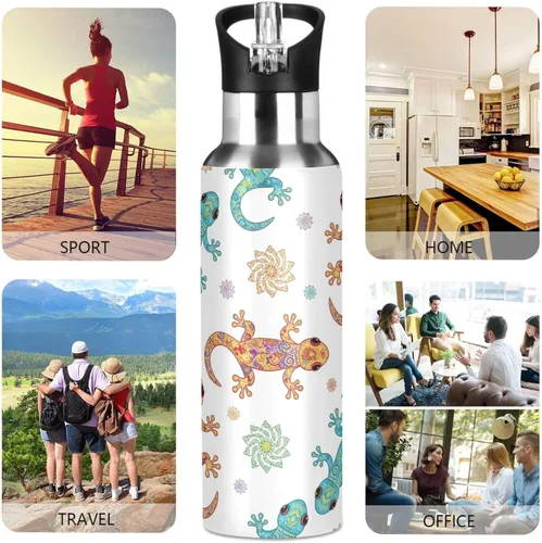Vista 5 de Insulated Stainless Steel Water Bottle with Straw 20 Oz, BPA-Free Sports Water Bottle for Gym Outdoor Travel School, Funny Geckos Print
