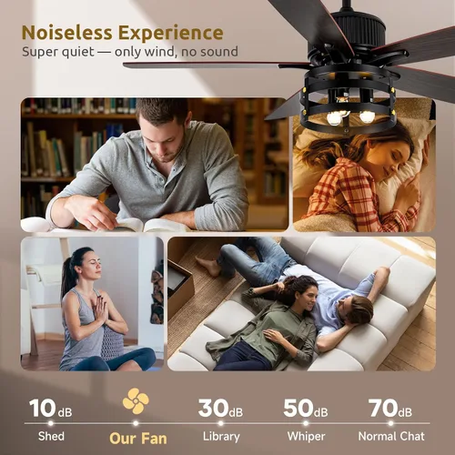 Vista 3 de Ventilador de techo de granja con luz y control remoto de 52 pulgadas, ventilador de techo rústico industrial enjaulado con 5 cuchillas de madera