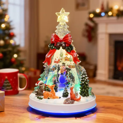 Vista 11 de Figuras musicales animadas de pueblo navideño de 6.3 pulgadas con muñeco de nieve giratorio de esquí y luces, temporizador automático de 6 horas