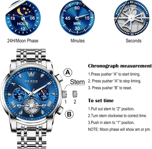 Vista 5 de OLEVS Reloj cronógrafo de acero inoxidable para hombre, reloj de cuarzo analógico de muñeca grande, resistente al agua, con números romanos
