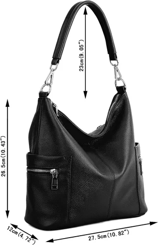 Vista 3 de YALUXE Bolso de hombro de cuero de vaca suave con múltiples bolsillos para mujer, color negro, Negro