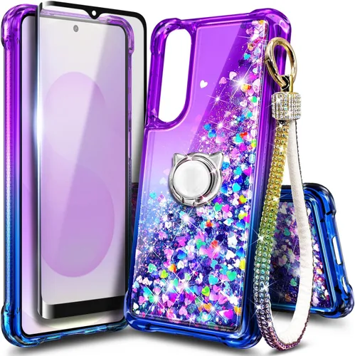 Vista 10 de Funda compatible con Samsung Galaxy S24-FE Aqua/Purple Funda líquida flotante con purpurina linda con protector de pantalla de vidrio templado