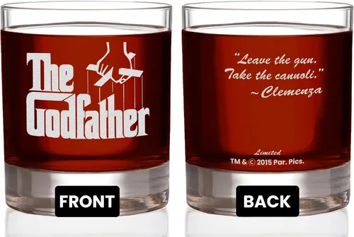 Vista 13 de Vaso de whisky oficial de Godfather Etched Rocks, con logotipo y cita "I'm gonna make him an offer he can't refuse", cristalería artesanal de alta
