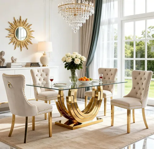 Vista 51 de SSLine Mesa de comedor de cristal dorado de 70 pulgadas para 4-6, base de Mesa de oro floral