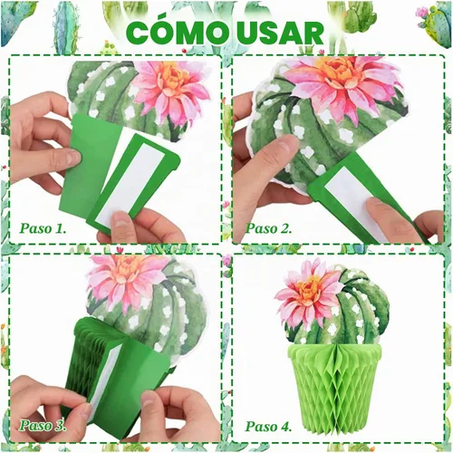 Vista 3 de Whaline 10 centros de mesa de cactus en forma de panal de abeja, decoración de papel suculento en maceta, decoración de cactus florecientes de Rosa