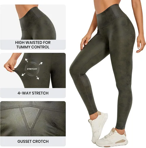 Vista 4 de CRZ YOGA - Leggings de piel sintética mate para mujer, de 25 a 28 pulgadas, pantalones de cuero elásticos de cintura alta, mallas de cuero