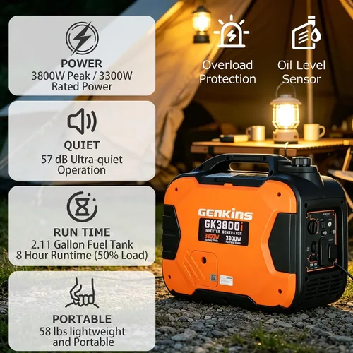 Vista 3 de Genkins Generador portátil de inversor de 3800 vatios ultra silencioso listo para RV, de emergencia, para respaldo en el hogar, recreación, etc. A