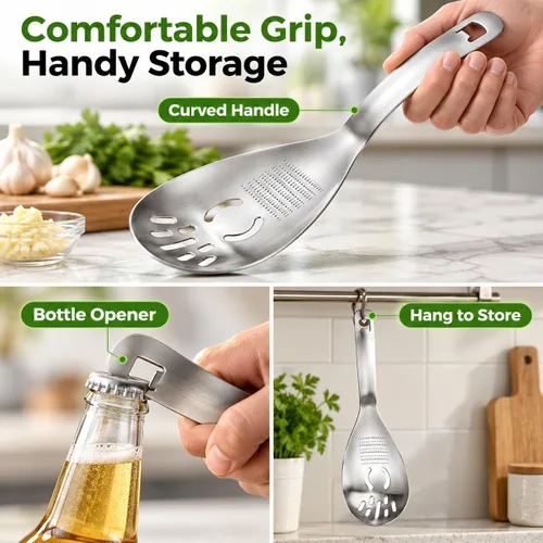 Vista 4 de 5-in-1 Stainless Steel Cooking Spoon, Multifunctional Home Kitchen Tool with Garlic and Ginger Grater, Egg Separator, Pasta Scoop, Soup Strainer and