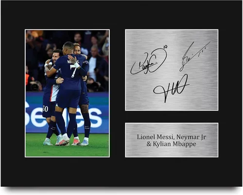 Vista 8 de HWC Trading Kylian Mbappe, Lionel Messi y Neymar Jr Paris Blue and Reds - Memorabilia impresa con autógrafo, para fanáticos del fútbol y seguidores