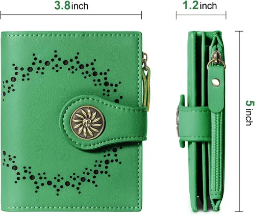 Vista 7 de Tipmile Billeteras pequeñas de cuero para mujer, con 2 ventanas de identificación, con bloqueo RFID, tarjetero con cremallera y bolsillo para Verde