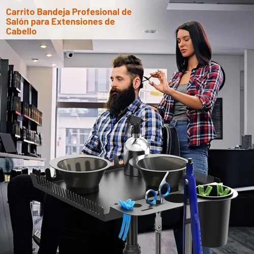 Vista 8 de Bandeja rodante de salón con 2 cuencos magnéticos, carrito de herramientas profesional, bandeja de extensión de cabello para peluqueros, bandeja