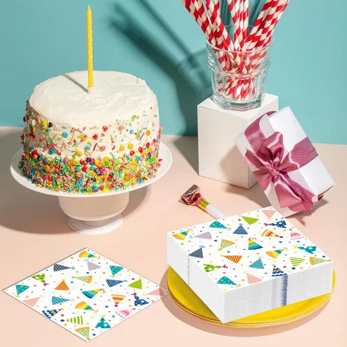 Vista 3 de DYLIVeS Servilletas de cumpleaños, 50 unidades, sombreros de cumpleaños, servilletas de papel de 3 capas desechables para adultos y niños
