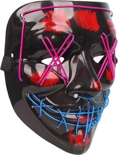 Vista 3 de Disfraz de Halloween, máscara de terror LED iluminada para fiesta, Púrpura + Azul, talla única