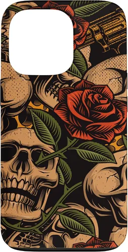 Vista 10 de Funda con diseño de tatuajes de flash tradicional para iPhone 17 con diseño retro rojo de rosas de calavera