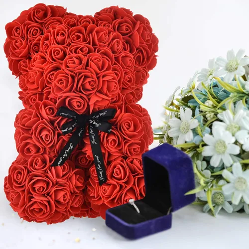 Vista 6 de oso de peluche hecho de rosas, diseño de rosas en cada oso, perfecto para aniversario, incluye caja de regalo transparente 10 pulgadas.