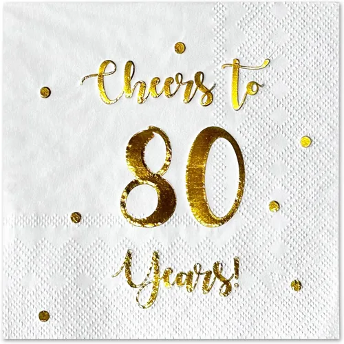 Vista 10 de Servilletas de cóctel de Cheers to 80 años, decoraciones de feliz cumpleaños n.° 80 para hombres y mujeres, decoraciones de fiesta de aniversario