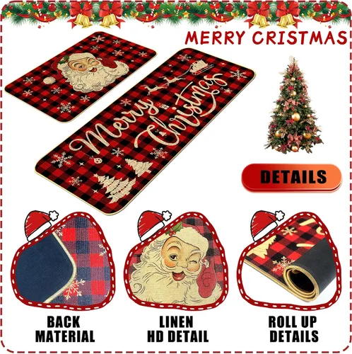 Vista 3 de Juego de 2 tapetes de cocina de Navidad, copos de nieve y Papá Noel, alfombras de cocina antideslizantes para fiestas de vacaciones y decoración
