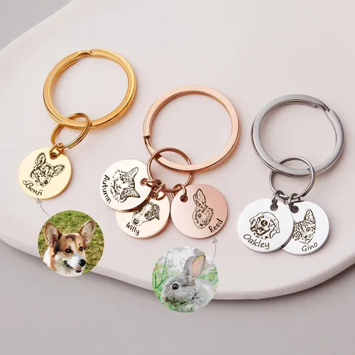 Vista 2 de Anavia Llavero personalizado para retrato de mascota, foto personalizada de mascota hecha a mano grabada, gato, perro, recuerdo conmemorativo