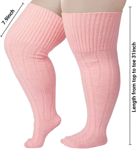 Vista 3 de Calcetines altos de lana de talla grande para muslos gruesos, extra largos para mujer, de punto trenzado cálido sobre la rodilla, calentadores