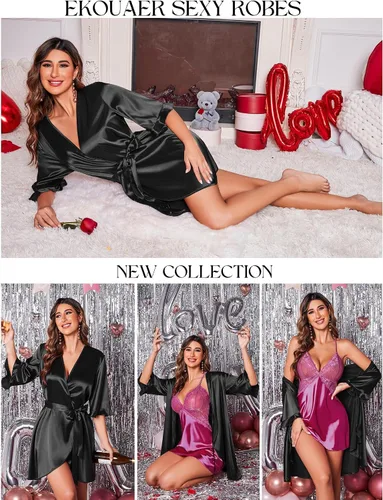 Vista 4 de Ekouaer Bata de satén para mujer, lencería de San Valentín para mujer, kimono, bata corta con volantes, cinturón, ropa de dormir para damas de honor