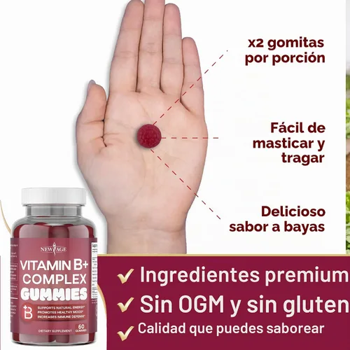 Vista 5 de NEW AGE - Gomitas de complejo de vitamina B con vitamina B3, B5, B6, B7, B9 y B12, con biotina, ácido fólico y vitamina C, sin gluten, veganas