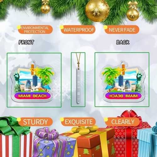 Vista 2 de Miami Beach Florida USA Adorno de Navidad acrílico transparente de doble cara decoración de árbol colgante de recuerdo de viaje colección turística