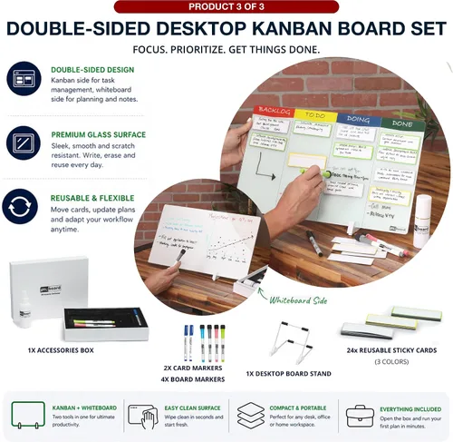 Vista 5 de Juego de tableros de gestión de proyectos 3 en 1 XXL – Tablero magnético ágil Kanban y Scrum + tablero de proyectos de cartera + tablero Kanban