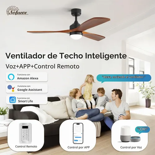 Vista 2 de Sofucor Ventiladores de techo inteligentes de madera de 52 pulgadas, montaje empotrado y montaje de varilla descendente, 3 aspas de madera