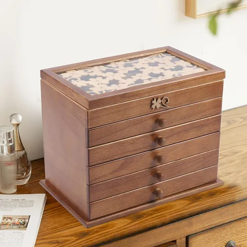 Vista 2 de Joyero de madera con 6 capas, organizador de madera, ideal como regalo para mamá y novia.