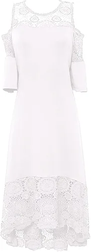 Vista 5 de MOBCTG Vestidos negros de talla grande, vestido de moda para mujer, con costuras de encaje con volantes, manga corta, sin tirantes, vestido