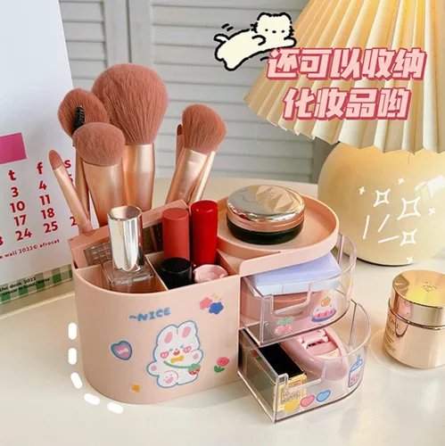 Vista 7 de Organizador de escritorio Kawaii con cajones para adolescentes y niñas, lindo organizador de escritorio Kawaii con calcomanías, suministros Rosa