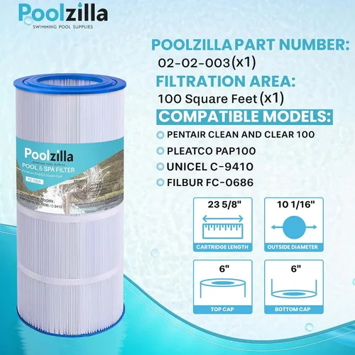 Vista 2 de Poolzilla Repuesto para filtro de piscina Pentair CC100, CCRP100, PAP100, PAP100-4, Unicel C-9410, R173215, Filbur FC-0686, 59054200, 160316