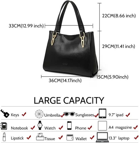 Vista 2 de Bolso de mano de cuero genuino para mujer, bolso de mano grande de trabajo con asa superior, bolso de hombro para mujer, 02 negro