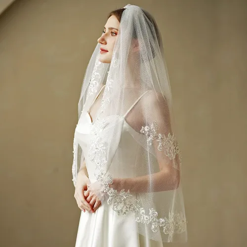 Vista 3 de EllieWely 2 T - Velo de novia de tul con purpurina y encaje de perlas para boda