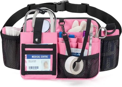 Vista 9 de Damero - Cangurera para enfermera con múltiples compartimentos y soporte para cinta, color negro Nurse Tool Belt Utility Nurse Waist Bag with