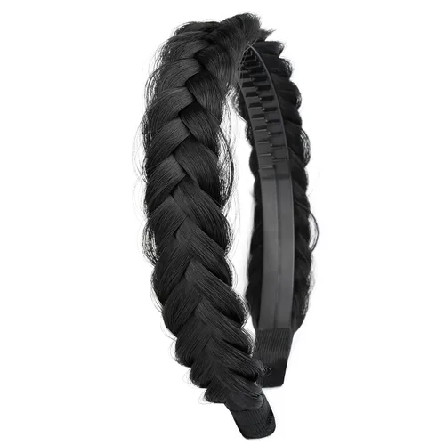 Vista 38 de Ancho de 1.5 cm Banda de pelo sintético trenzada estrecha con dientes para mujeres y niñas (Negro)