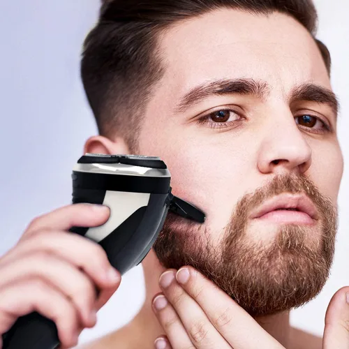 Vista 6 de Hatteker - Máquina de afeitar eléctrica rotativa para hombre, con rasuradora y recortadora de barba, inalámbrica, recortador de patillas, resistente