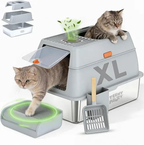Vista 10 de Caja de arena XL de acero inoxidable para gatos con recinto y rastrillo - Caja de arena negra duradera de metal para gatos grandes, lados altos