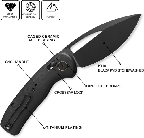 Vista 2 de Petrified fish PFP13 Viper Cuchillo Plegable, Hoja de Acero K110 Negro Lavado a la Piedra de 3.5", Mango G10 Cuchillo de Bolsillo para Camping EDC