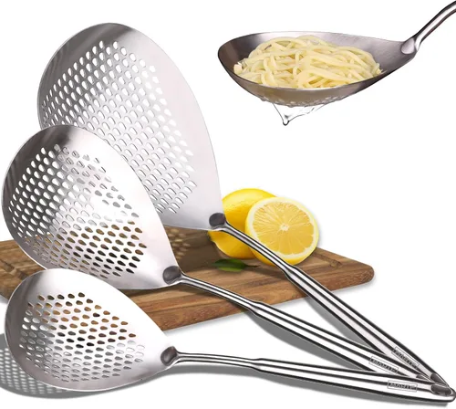 Vista 21 de Skimmer - Cuchara ranurada de acero inoxidable 304 de 16.5 pulgadas para pasta y araña, cuchara para cocinar y freír, cuchara coladora de metal