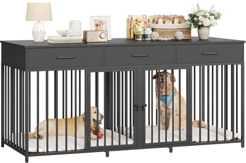 Vista 10 de HOSTACK Mueble doble para perros, perrera de 71 pulgadas de ancho para interiores con 3 cajones, jaula de granja para perros para 2 perros Gris
