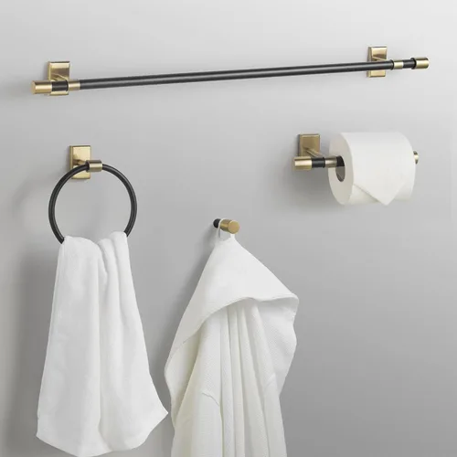Vista 12 de GLOBE Electric 63000062 - Juego de baño todo en uno de 5 piezas, negro mate y latón, luz de tocador de 3 luces, vidrio sembrado, toallero, soporte