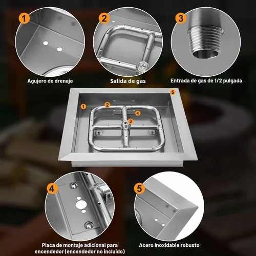 Vista 4 de Onlyfire - Ensamblaje de anillo y bandeja de quemador redondo de acero inoxidable, Entrega 304 Stainless Steel Drop-in Gas Fire Pit Insert for