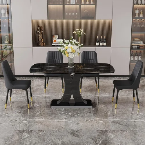 Vista 7 de Moderno juego de mesa de comedor para 4, mesa de vidrio de 63 pulgadas y base de MDF, mesa de comedor de mármol sintético negro con 4 sillas Mesa