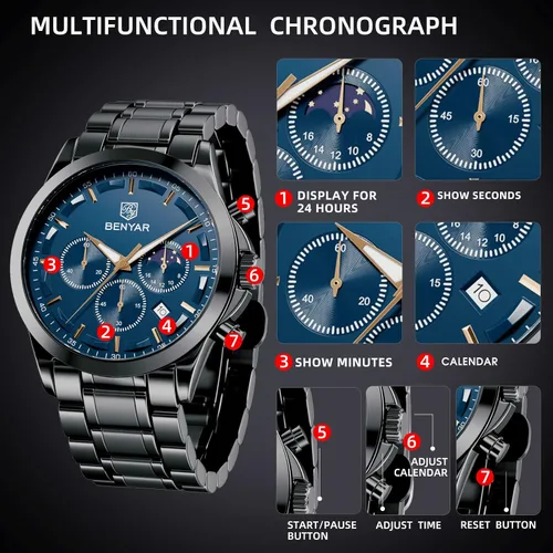Vista 7 de BENYAR - Reloj de pulsera para hombre, resistente al agua, analógico, cronógrafo, de cuarzo, elegante, informal, con correa de acero inoxidable