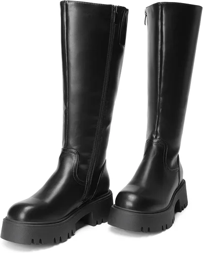Vista 8 de DREAM PAIRS Botas altas hasta la rodilla, cómodas botas de plataforma gruesa con punta redonda y cremallera lateral para mujer