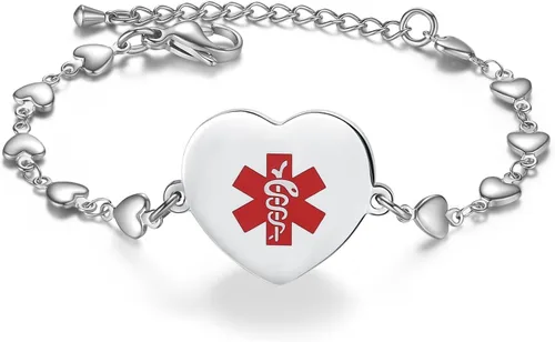 Vista 7 de Pulsera de alerta médica para mujer, ajustable, acero inoxidable, dije de corazón, joyería médica