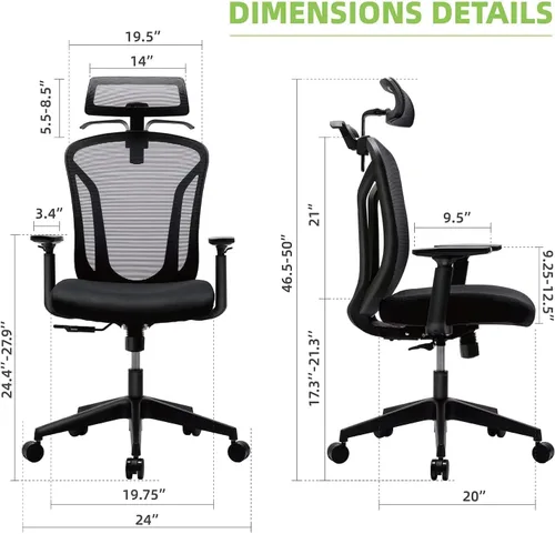 Vista 3 de Silla de oficina con respaldo alto, silla ergonómica de malla, silla de escritorio para el hogar, reposacabezas ajustable, silla ejecutiva