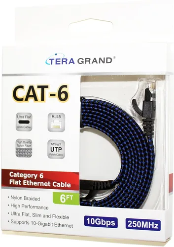 Vista 7 de Cable de red trenzado ultra plano CAT6 10 Gigabit Ethernet de 6 pies, negro/azul, cable LAN de Internet para computadora con conectores RJ45 sin