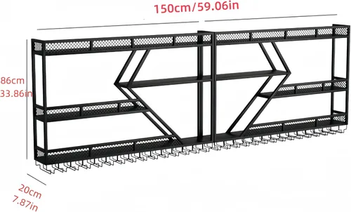 Vista 3 de Estante moderno de 59 pulgadas para vino montado en la pared con luz LED, estantes de barra de pared de metal con soporte para vidrio, estante